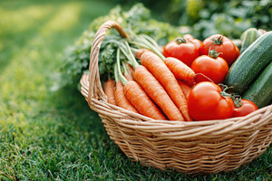 Fresh vegetables in a wicker basket, a Food & Drink Photo by AlyaAnd