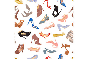 Womens shoes flat fashion footwear design vector seamless patterns background, an Object Illustration by RocketArt
