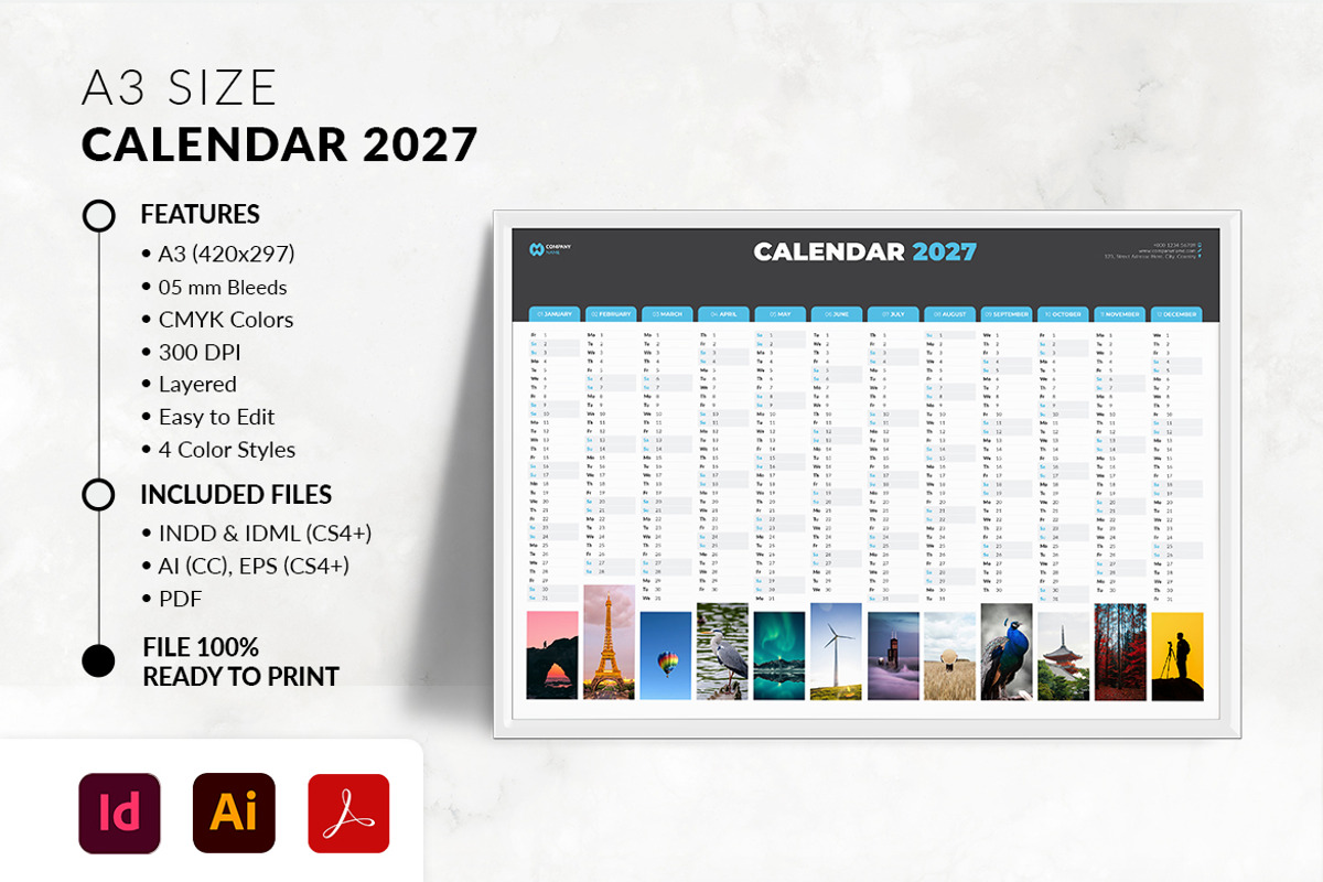 A3 Landscape Calendar 2027, a Stationery Template by MstArtwork (Photo 1 of 4)
