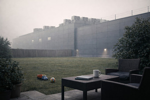 Data center exterior on foggy day with patio furniture and toys, a Photo by Dvoevnore photos
