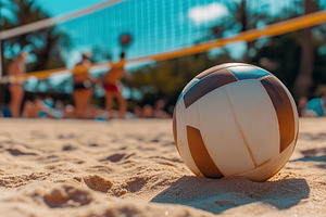 Volleyball on sandy beach with players in the background engagin, a Sports & Recreation Photo by AlyaAnd