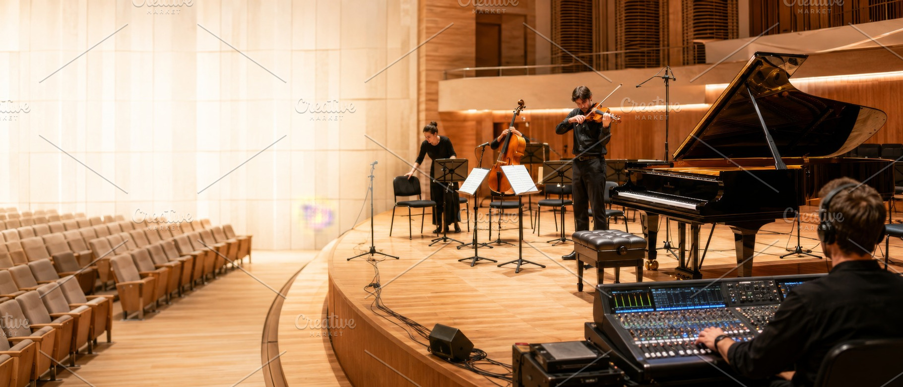 Concert hall with musicians performi, a Photo by Dvoevnore photos