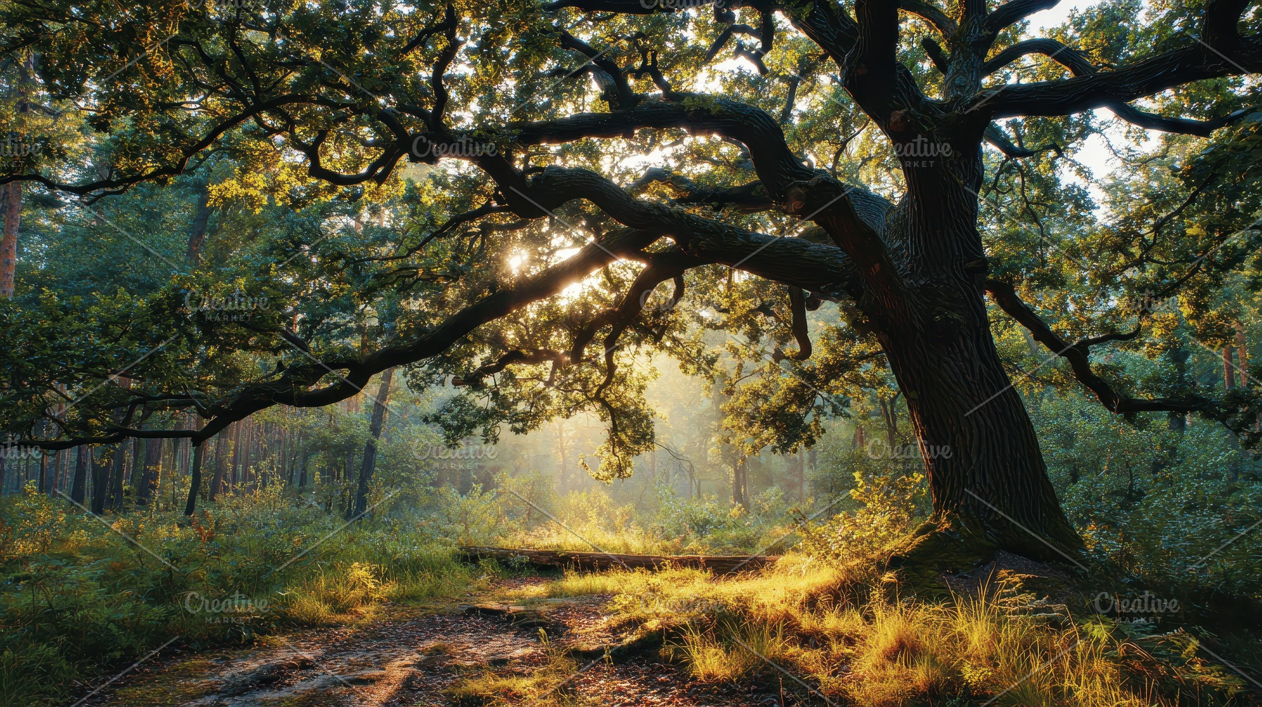 Majestic old oak tree in a serene, a Photo by Pavel_design