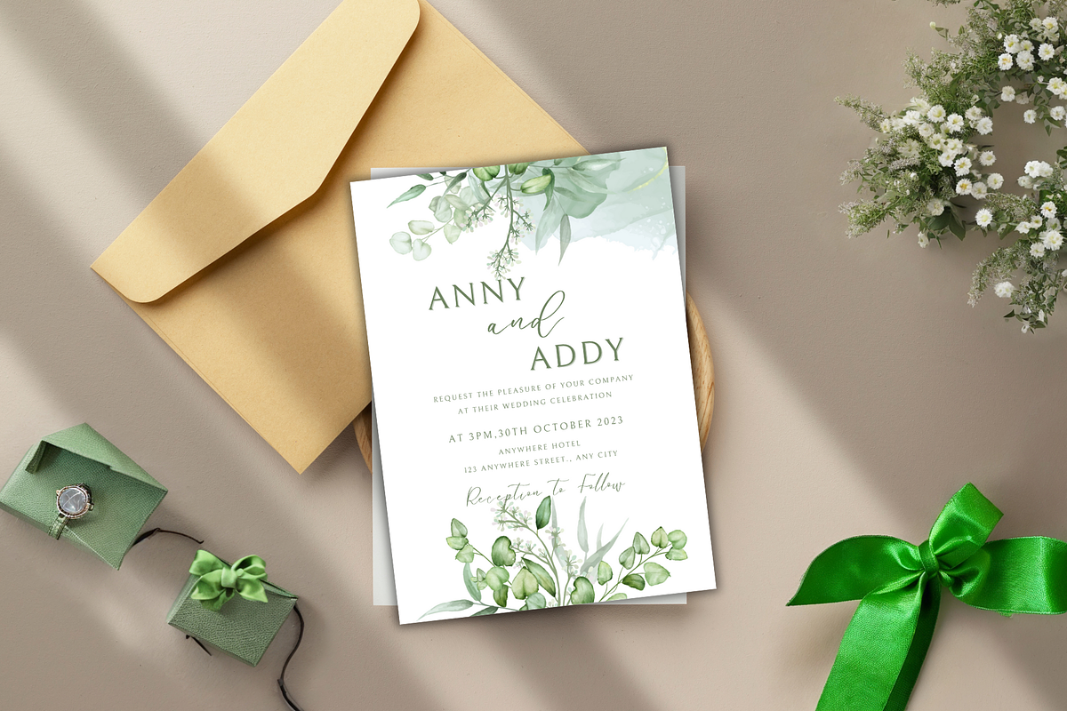 Green Leafy Wedding Invitation Card., an Invitation Template by TheSimplySereneShop (Photo 1 of 7)