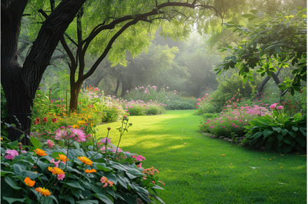Summer garden flowers lawn. Generate, a Nature Photo by Ylivdesign