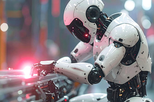 Humanoid robot welding glowing metal piece in factory floor, an Industrial Photo by GoodGoods