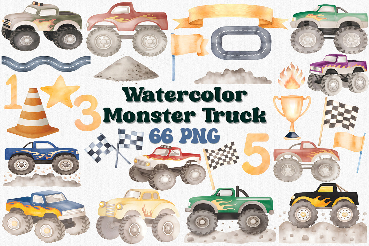 Watercolor Monster Truck Clipart Set, a Transportation Illustration by CropUp Creative (Photo 1 of 5)
