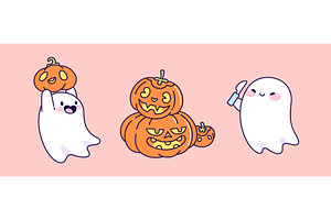 Halloween ghosts and pumpkins set, an Illustration by art PVP - market