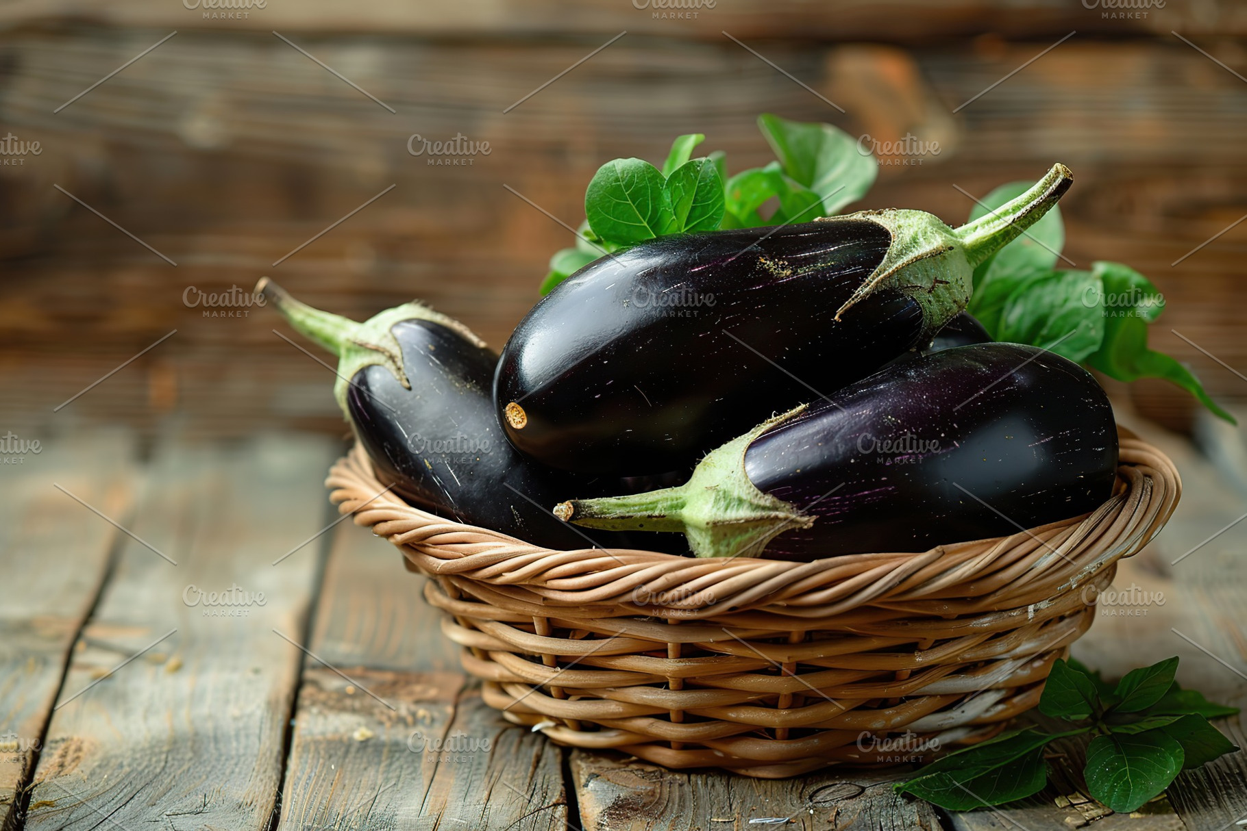 Fresh eggplants in basket on wooden table, a Food & Drink Photo by AlyaAnd