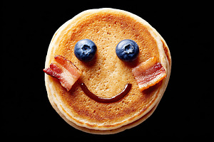 Creative breakfast face made from pancakes with blueberries and bacon, a Food & Drink Photo by AlyaAnd