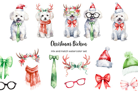 Watercolor Christmas bichon clipart
