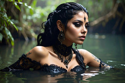 beautiful young goth woman in pond AI generated