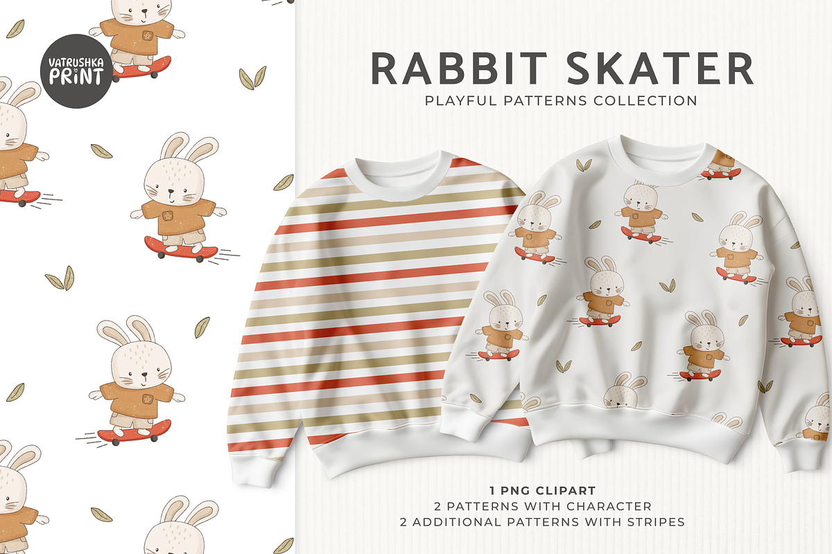 Rabbit Skater seamless patterns, a Pattern Graphic by vatrushkaprint_store (Photo 1 of 4)