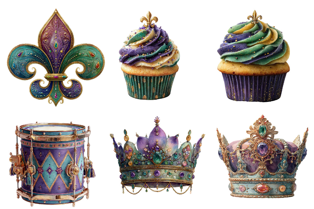 Watercolor Mardi Gras Clipart Bundle, an Illustration by Designworld (Photo 2 of 5)