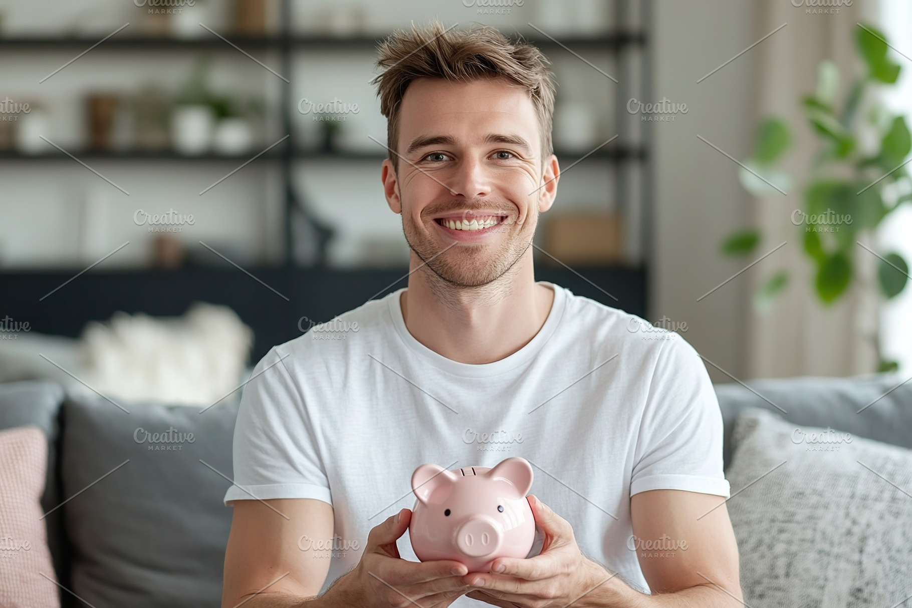 Man happily holding a piggy bank while sitting comfortably on a couch at home, a Person Photo by AlyaAnd