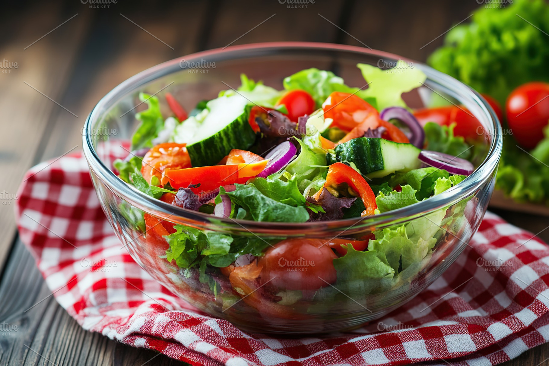 Fresh salad with vegetables in bowl, organic healthy food, a Food & Drink Photo by AlyaAnd
