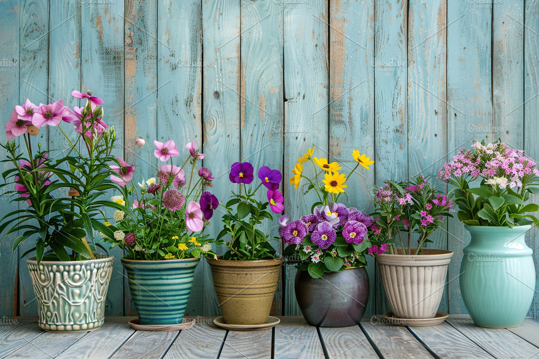 Different flowers in pots on wooden table, a Photo by AlyaAnd