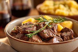 Beef stew with potatoes, garnished, a Food & Drink Photo by MistyDay
