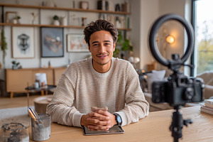 Young man vlogging in his home studi, a Photo by Pixeness Studio