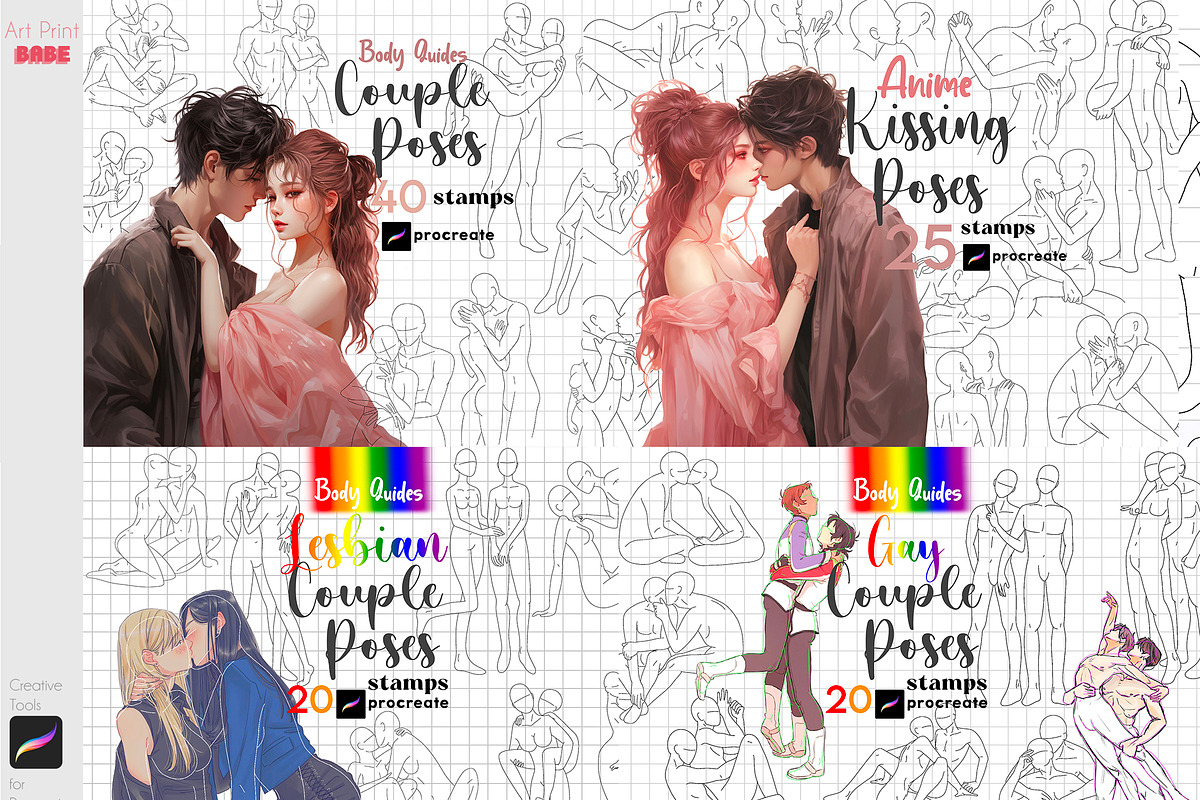 Procreate Couple Body Poses Anime, a Brush Add-On by ArtPrintBabe (Photo 2 of 12)