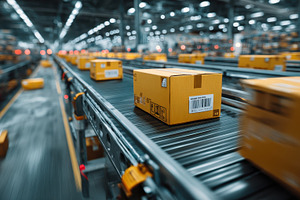 Cardboard boxes moving on conveyor b, a Photo by Pixeness Studio