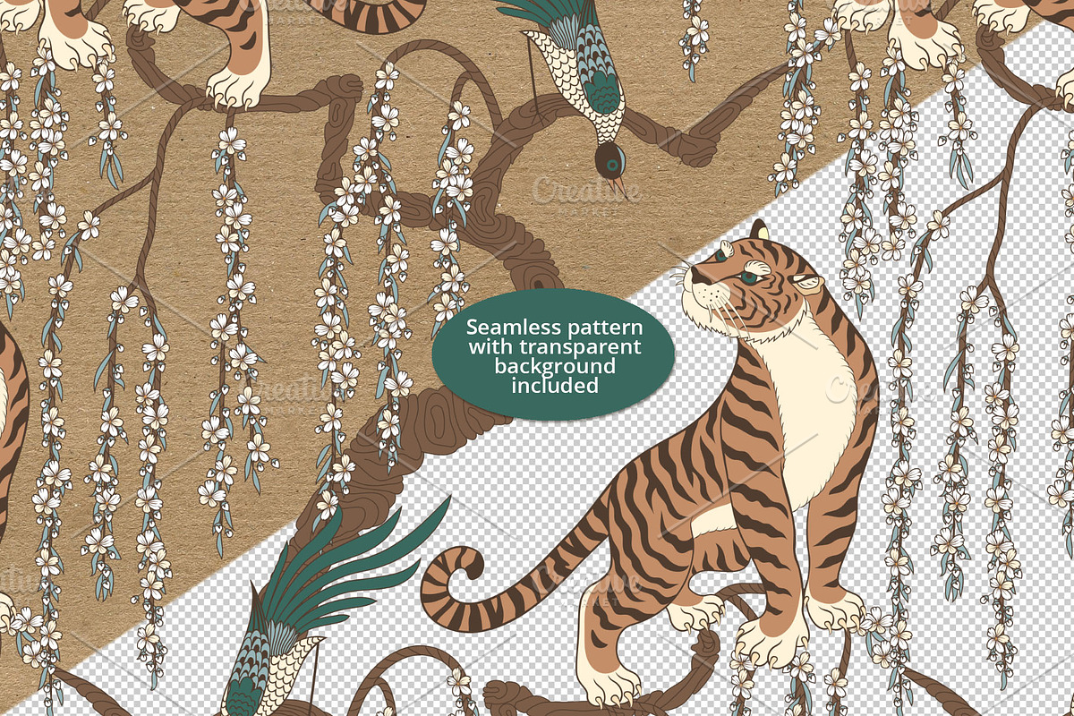 Tiger Under a Blooming Tree, Pattern, a Pattern Graphic by Sveta Aho