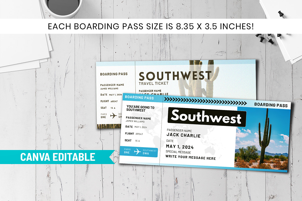 Southwest Trip Ticket Canva Template, a Card Template by Snapybiz (Photo 1 of 10)