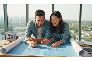 Happy couple reviewing modern house, a Background Photo by Igor Tichonow