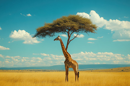 Giraffe stands tall beneath a tree o, an Animal Photo by Pixeness
