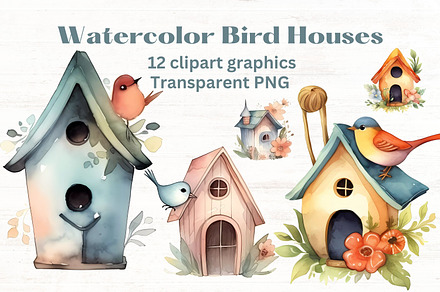 Watercolor Bird Houses clipart x12