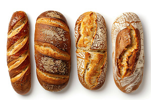 Flat lay of freshly different baked bread isolated on white background, a Food & Drink Photo by AlyaAnd