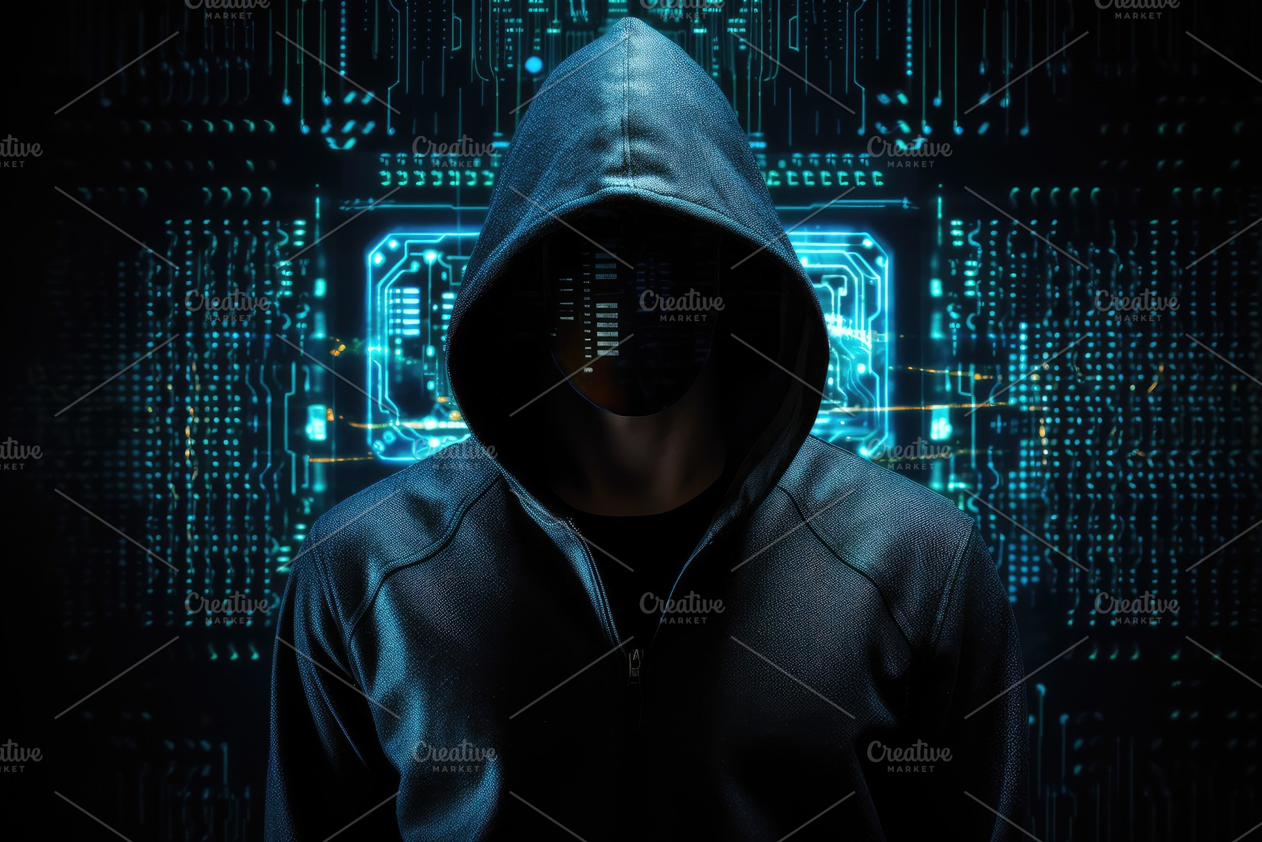 Hooded hacker in front of a circuit, a Photo by Iftikhar Alam