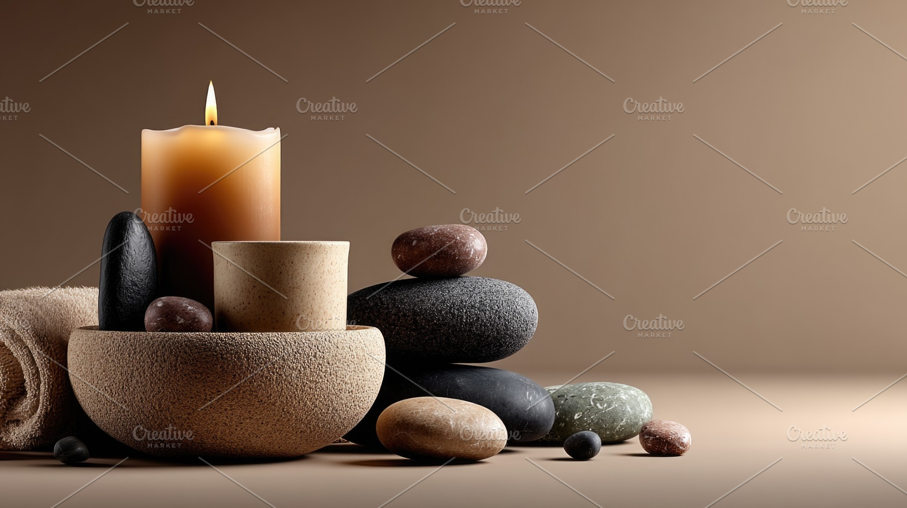 Luxury Spa Still Life with Candle, Massage Stones and Towels, a Background Photo by José Manuel Gelpi