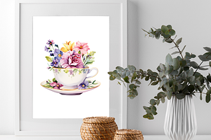 Watercolor Floral Vintage Teacup Cli