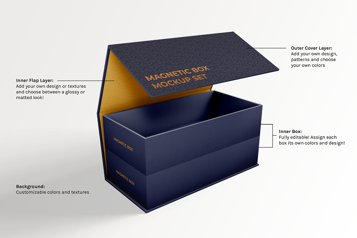 Foldable Magnetic Box Mockup Set, a Packaging Mockup by pattyroxaschua