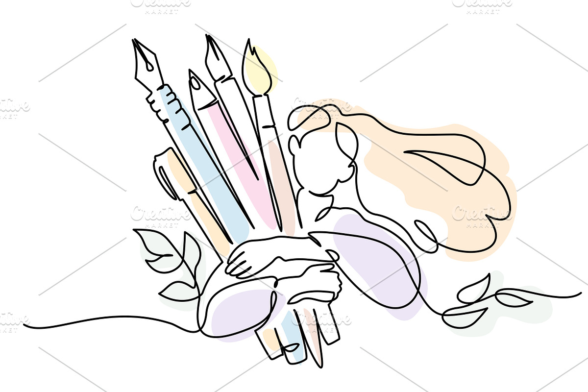 Happy girl hugs her pencil, brush, a Person Illustration by Valenty