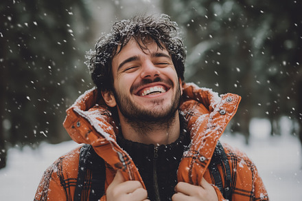 A young man smiling joyfully in a snowy forest, wearing an orange jacket. Snowf, a Person Photo by Textures & Backgrounds