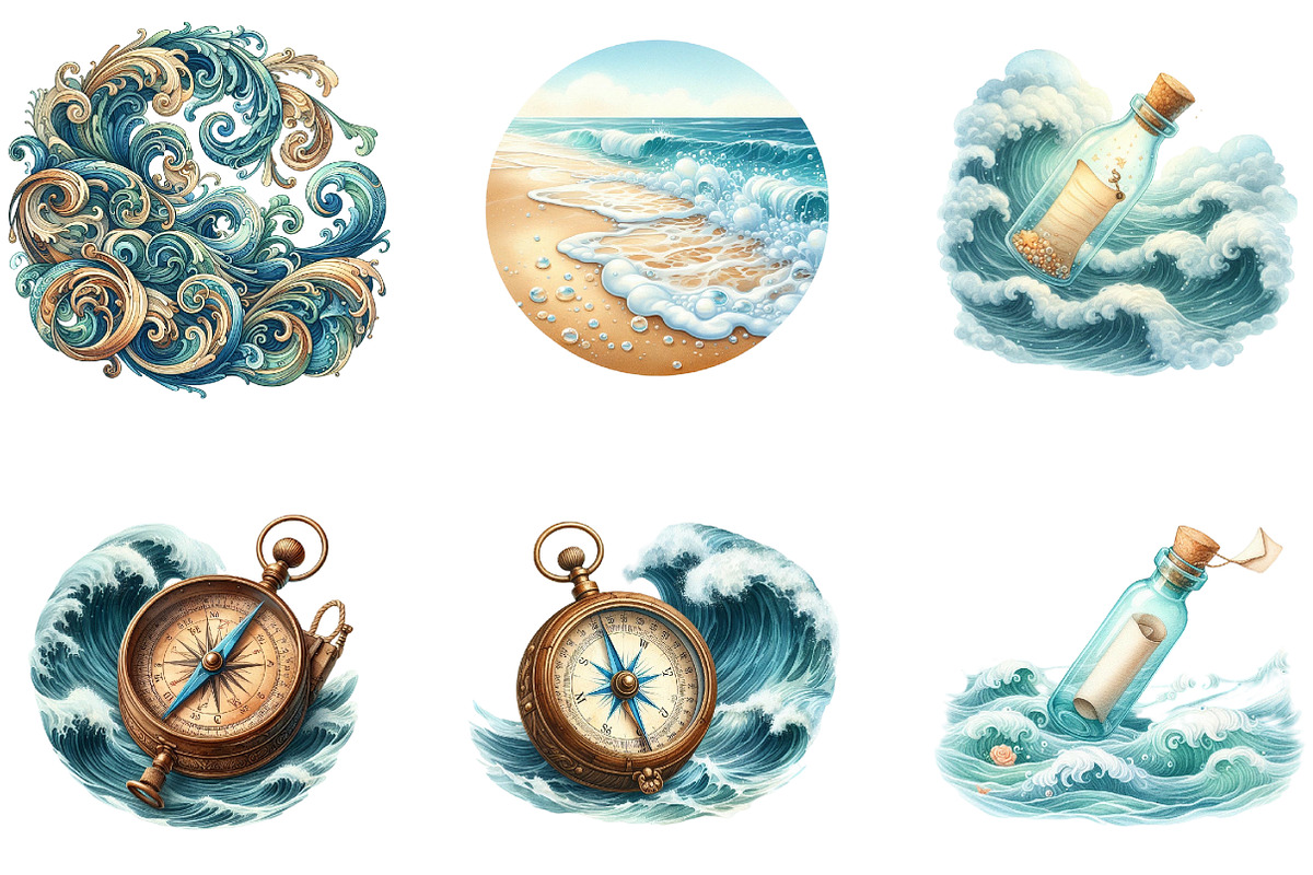 Vintage Ocean Waves Watercolor, a Seasonal Illustration by DreamArtGraphic (Photo 2 of 4)