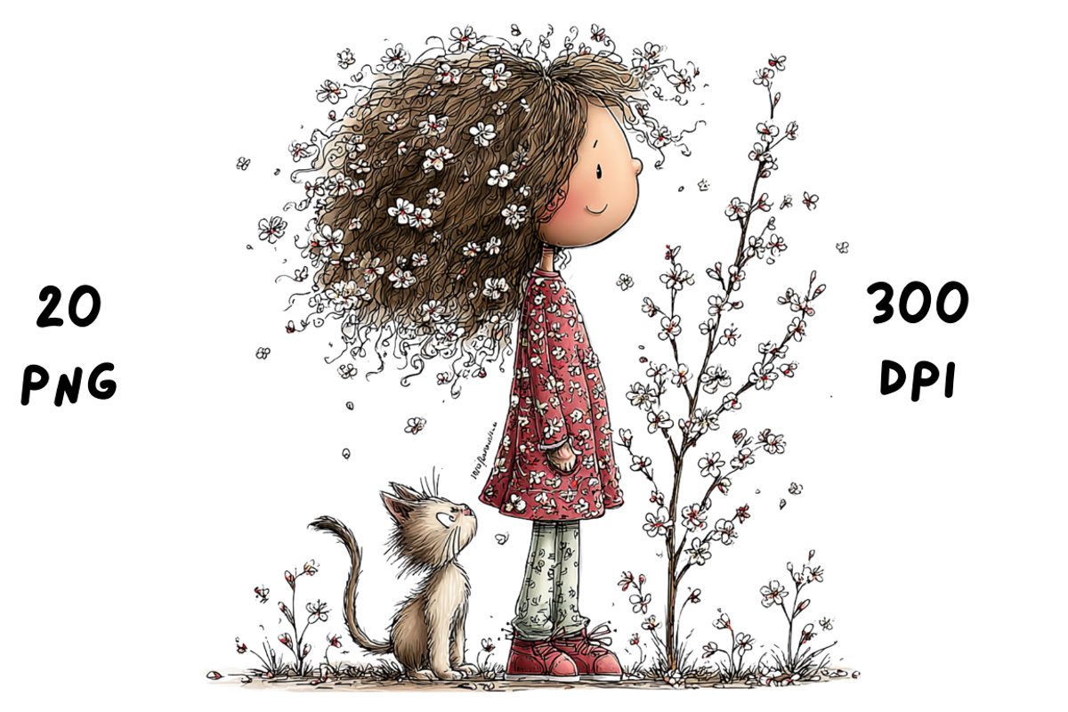 Whimsical Floral Girl & Kitten, an Animal Illustration by GiraffeCreative (Photo 3 of 20)
