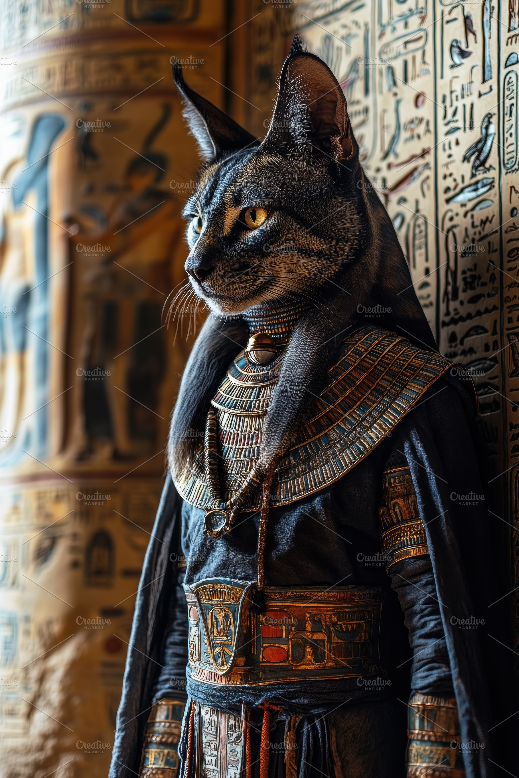 A majestic cat dressed in ancient Egyptian attire, resembling a pharaoh. The ca, a Person Photo by Textures & Backgrounds
