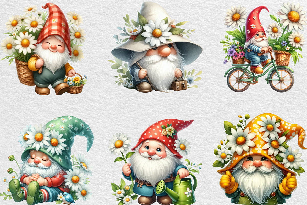 White Gnome Daisy Watercolor Clipart, an Illustration by Black Bird Studio (Photo 4 of 6)