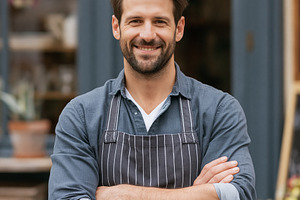 Happy man owner standing confidently in front of his cafe or loc, a Person Photo by Studio ANNA