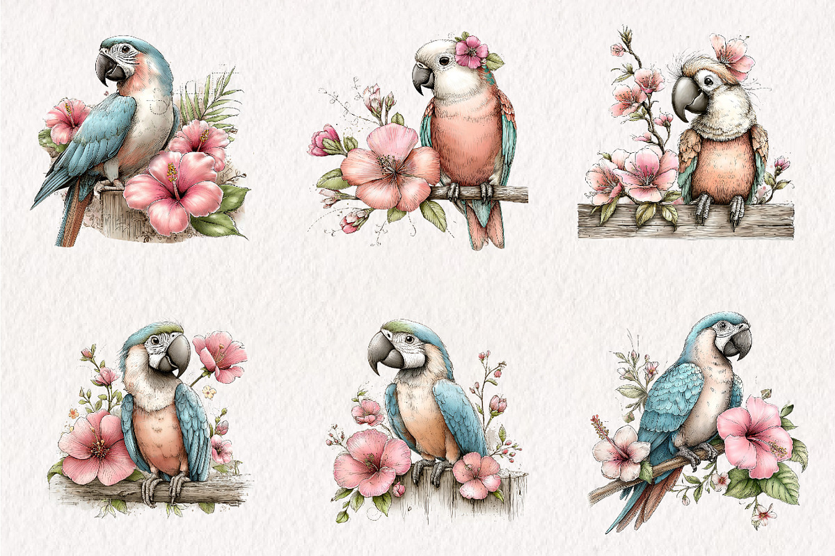 Whimsical Spring Macaws Clipart, an Illustration by CreationArt (Photo 6 of 7)