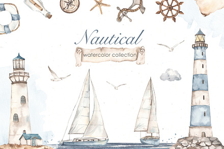 Nautical watercolor collection, a Transportation Illustration by Marina Ermakova