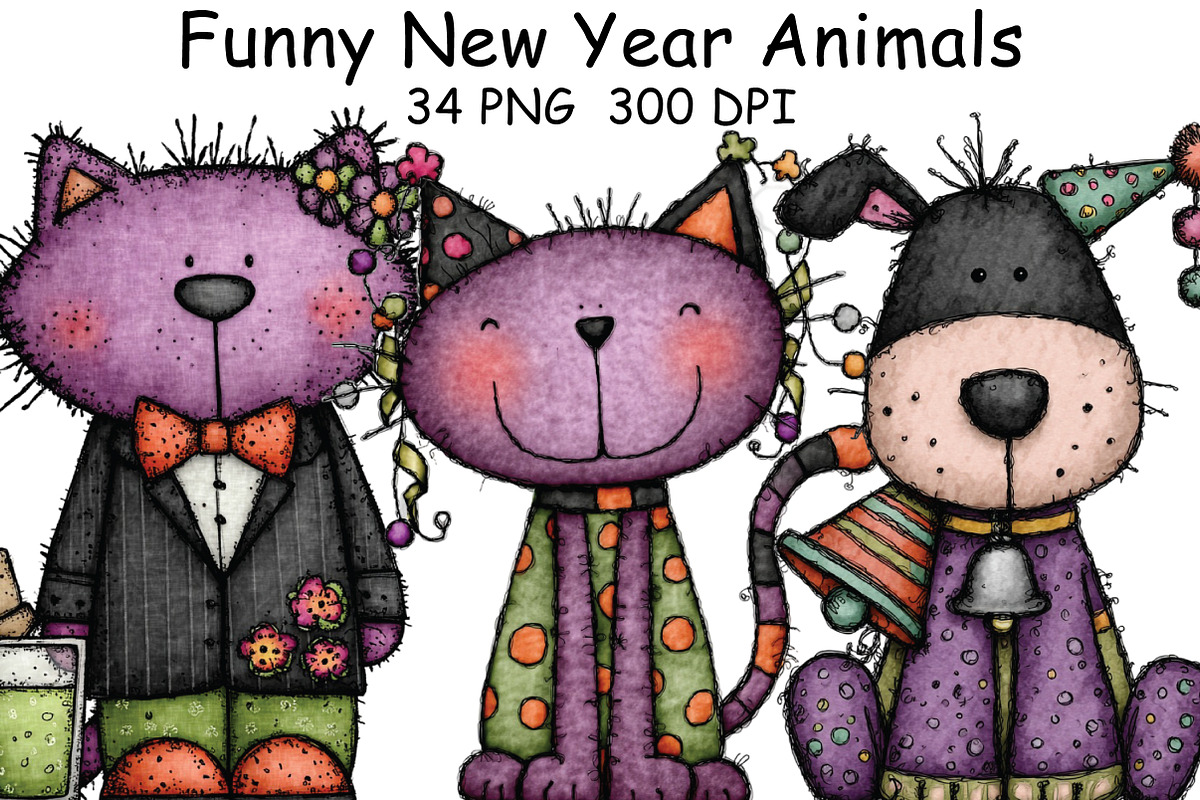 Whimsical Funny New Year Animals PNG, an Illustration by CraftArtStudio (Photo 1 of 6)