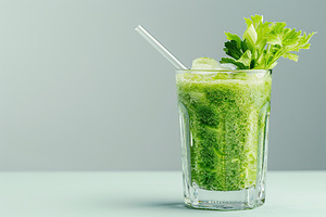 Fresh celery juice in glass on grey background, a Food & Drink Photo by AlyaAnd