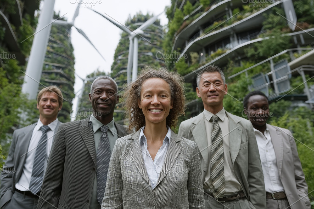 Group of professionals standing in urban sustainable environment with greenery, a Photo by AS photostudio (Photo 2 of 2)