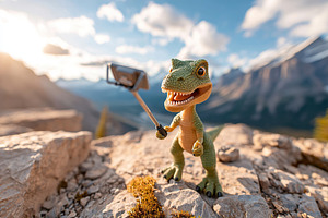 Dinosaur toy taking a selfie on a rocky landscape during sunset in the mountain, a Photo by AlyaAnd