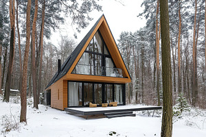 Modern house in winter pine forest, an Architecture Photo by AlyaAnd
