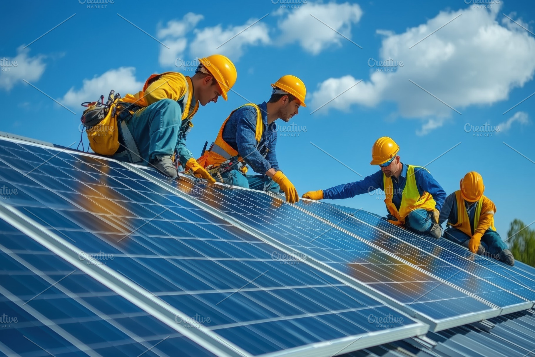 Workers installing solar panels on a rooftop under a clear blue sky with fluffy, a Technology Photo by Textures & Backgrounds